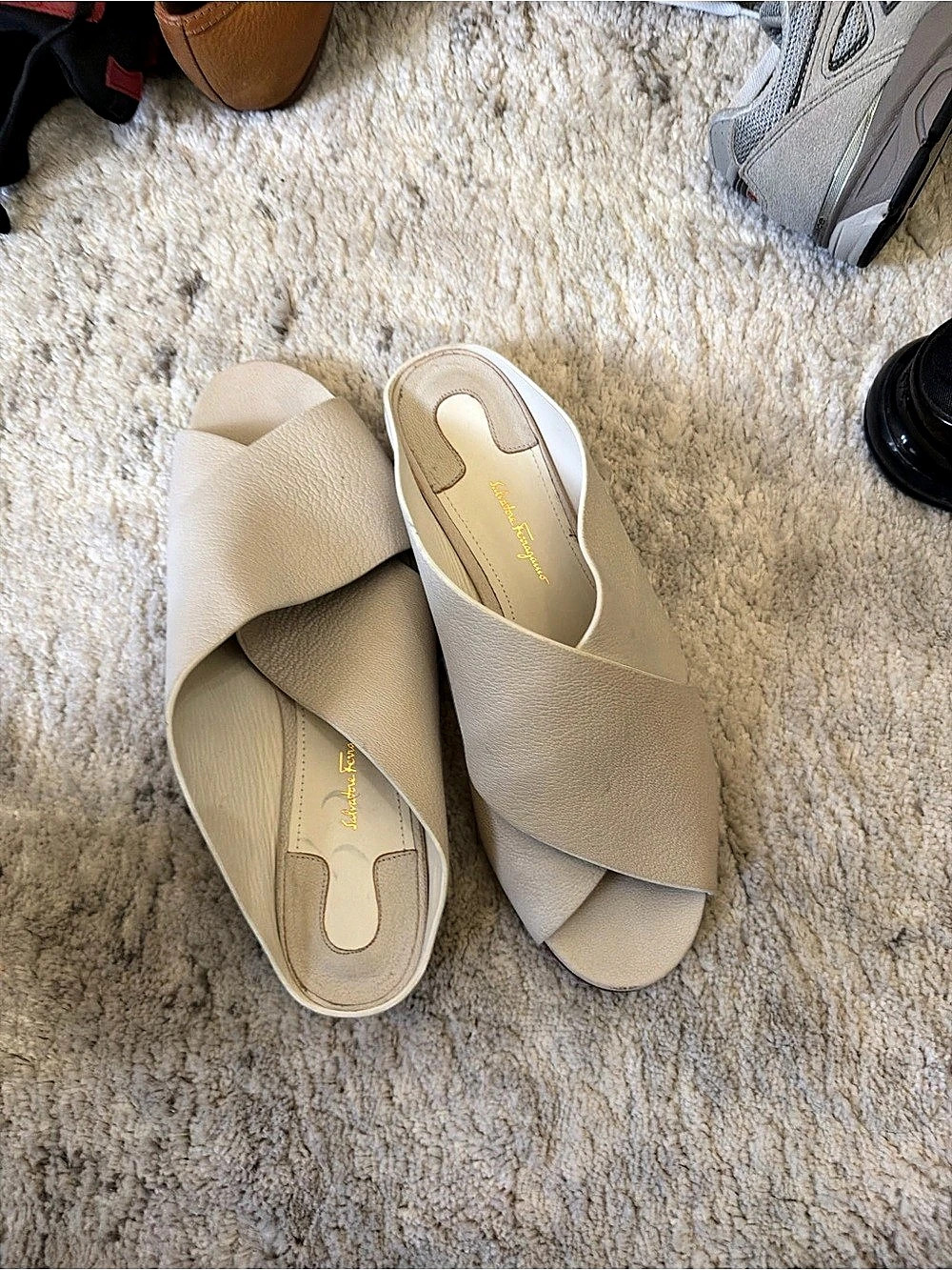 ferragamo Strap Slide Sandals in Cream